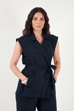 Lela Kruvaze Yaka Bağlama Detaylı Geniş Paça Takım Bayan TAKIM 5866393 LACİVERT
