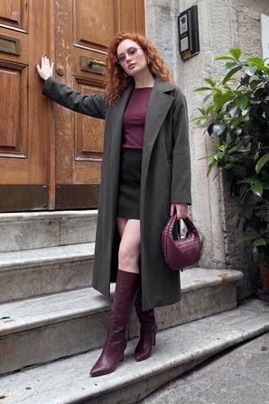 Lela Bağlamalı Kruvaze Yaka Uzun Kaban Kadın KABAN 6810428 ANTRASİT