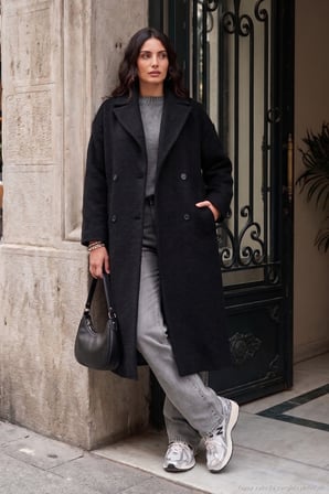 Lela Oversize Fit Mono Yaka Düğmeli Buklet Uzun Kaşe Kaban Kadın KABAN 6811997 SİYAH