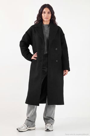 Lela Oversize Fit Mono Yaka Düğmeli Buklet Uzun Kaşe Kaban Kadın KABAN 6811997 SİYAH