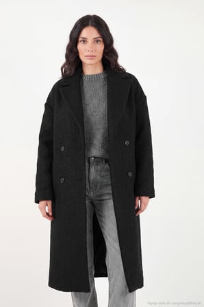 Lela Oversize Fit Mono Yaka Düğmeli Buklet Uzun Kaşe Kaban Kadın KABAN 6811997 SİYAH