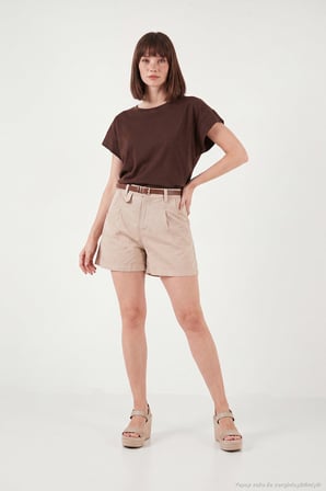 Lela Kemer Detaylı Relaxed Fit Yüksek Bel Pamuklu Şort Bayan ŞORT 668YP5448 VİZON