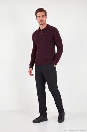 Buratti Örgü Desenli Pamuklu Düğmeli Uzun Kollu Polo Erkek POLO 7020353 BORDO