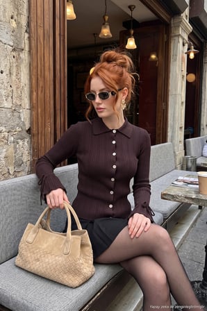 Lela Kol Bağcık Detaylı Klasik Yaka Triko Hırka Kadın HIRKA 680HI00111 MÜRDÜM