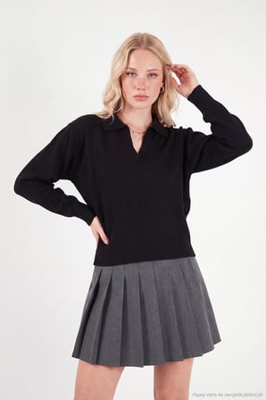 Lela Yumuşak Dokulu Regular Fit Polo Yaka Kazak Kadın KAZAK 680KZ00163 SİYAH