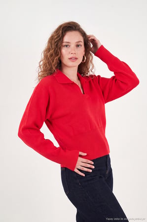 Lela Yumuşak Dokulu Regular Fit Polo Yaka Kazak Kadın KAZAK 680KZ00163 KIRMIZI