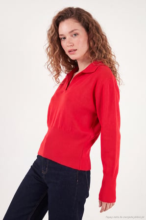 Lela Yumuşak Dokulu Regular Fit Polo Yaka Kazak Kadın KAZAK 680KZ00163 KIRMIZI