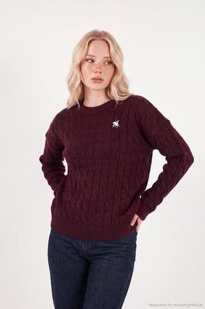 Lela At Nakışlı Saç Örgü Bisiklet Yaka Triko Kazak Kadın KAZAK 680KZ00168 BORDO