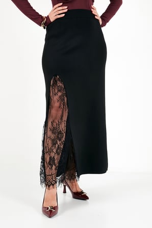 Lela Triko Dantelli Yırtmaç Detaylı Maxi Boy Etek Kadın ETEK 680ET00117 SİYAH