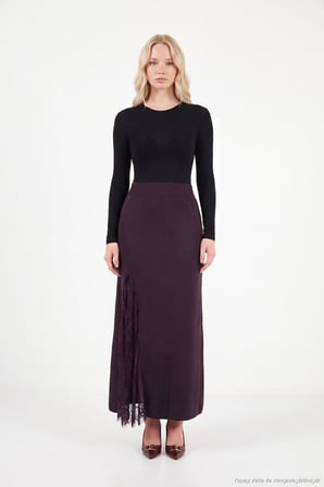 Lela Triko Dantelli Yırtmaç Detaylı Maxi Boy Etek Kadın ETEK 680ET00117 MÜRDÜM