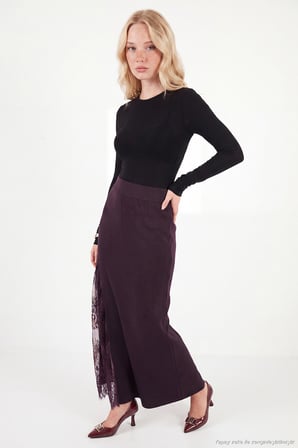 Lela Triko Dantelli Yırtmaç Detaylı Maxi Boy Etek Kadın ETEK 680ET00117 MÜRDÜM
