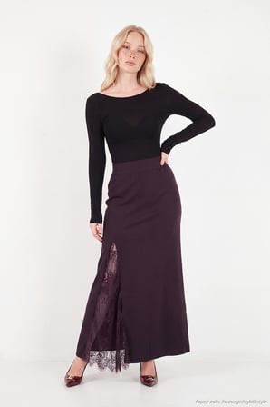 Lela Triko Dantelli Yırtmaç Detaylı Maxi Boy Etek Kadın ETEK 680ET00117 MÜRDÜM