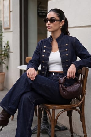 Lela Pamuklu Dik Yaka Düğme Detaylı Kot Ceket Kadın KOT CEKET 7031001 KOYU MAVİ