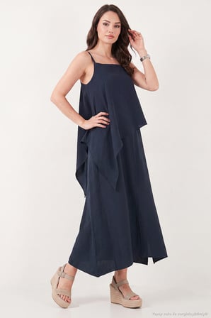 Lela İnce Askılı Yırtmaçlı Asimetrik Dökümlü Modal Maxi Elbise Kadın ELBİSE 6922403 LACİVERT