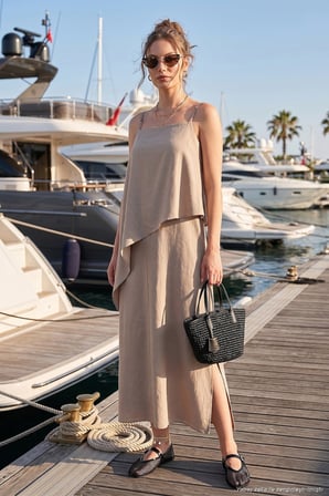 Lela İnce Askılı Yırtmaçlı Asimetrik Dökümlü Modal Maxi Elbise Kadın ELBİSE 6922403 VİZON
