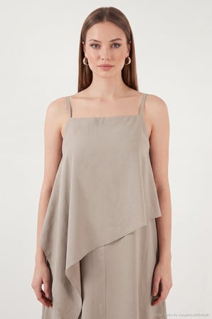 Lela İnce Askılı Yırtmaçlı Asimetrik Dökümlü Modal Maxi Elbise Kadın ELBİSE 6922403 VİZON