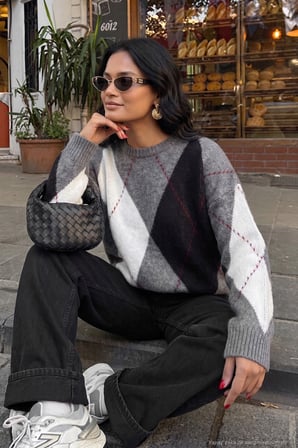 Lela Oversize Fit Bisiklet Yaka Baklava Desenli Kazak Kadın KAZAK 4615578 ANTRASİT