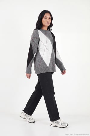 Lela Oversize Fit Bisiklet Yaka Baklava Desenli Kazak Kadın KAZAK 4615578 ANTRASİT