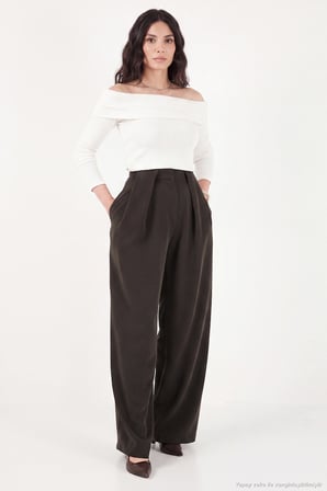 Lela Pile Detaylı Yüksek Bel Bol Paça Pantolon Kadın PANTOLON 668YP5576 KAHVE