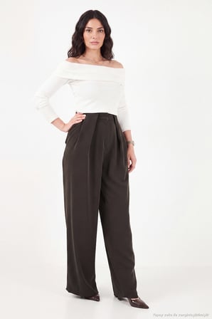 Lela Pile Detaylı Yüksek Bel Bol Paça Pantolon Kadın PANTOLON 668YP5576 KAHVE
