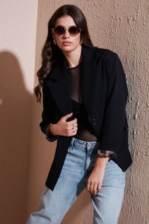 Lela Kruvaze Yaka Desenli Astar Detaylı Blazer Ceket Kadın CEKET 6523001 SİYAH