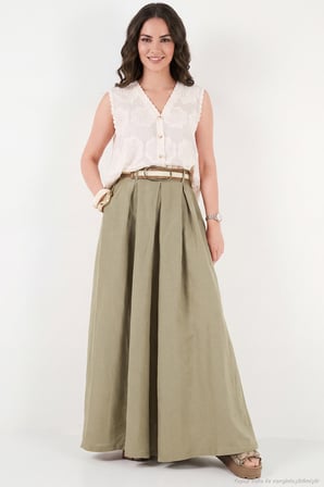 Lela Keten Karışımlı Yüksek Bel Geniş Paça Kemerli Pantolon Kadın PANTOLON 68351405 HAKİ