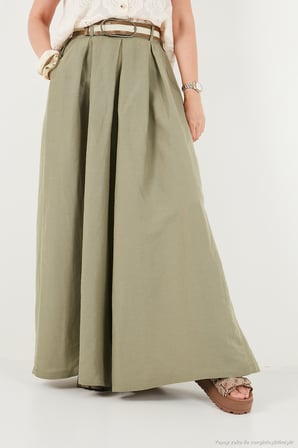 Lela Keten Karışımlı Yüksek Bel Geniş Paça Kemerli Pantolon Kadın PANTOLON 68351405 HAKİ