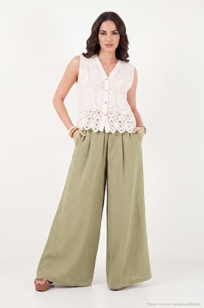 Lela Keten Karışımlı Yüksek Bel Geniş Paça Kemerli Pantolon Kadın PANTOLON 68351405 HAKİ