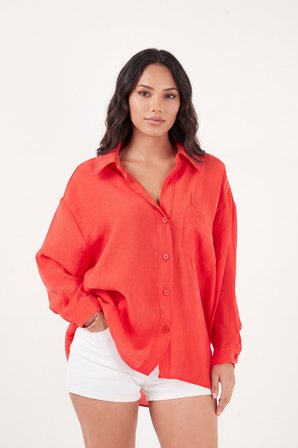 Lela Modal Oversize Fit Uzun Kollu Gömlek Kadın GÖMLEK 6834612 KIRMIZI