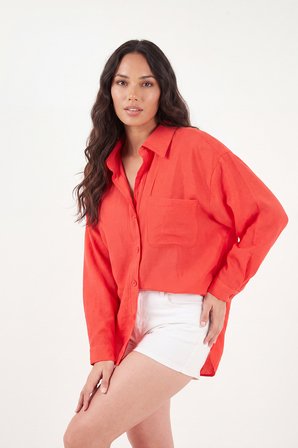 Lela Modal Oversize Fit Uzun Kollu Gömlek Kadın GÖMLEK 6834612 KIRMIZI