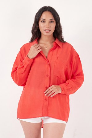 Lela Modal Oversize Fit Uzun Kollu Gömlek Kadın GÖMLEK 6834612 KIRMIZI