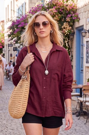 Lela Modal Oversize Fit Uzun Kollu Gömlek Kadın GÖMLEK 6834612 BORDO
