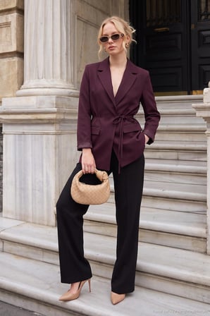 Lela Puantiye Astarlı Belden Bağlamalı Blazer Ceket Kadın CEKET 6524049 MÜRDÜM