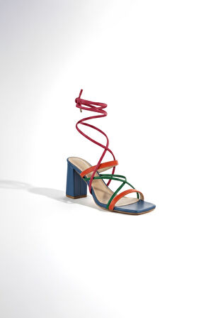 Kadın Pc-52269-3959 Kare Burun Bilekten Bağlamalı Topuklu Sandalet - Çok Renkli | 36