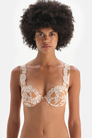 Kahverengi File Detaylı Yarı Dolgulu Balenli Dantelli Sütyen