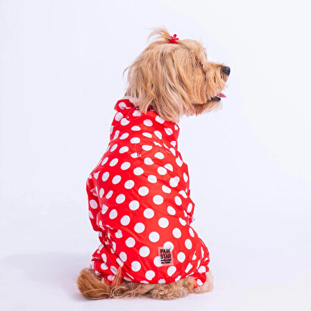 Pawstar Dots Red Peluşlu Su Geçirmez Küçük Irk Köpek Yağmurluk Tulum