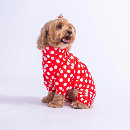 Pawstar Dots Red Peluşlu Su Geçirmez Küçük Irk Köpek Yağmurluk Tulum