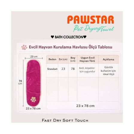 Pawstar Kedi  Köpek Banyo Kurulama Elcikli Havlu Pembe 23x78cm %100 Pamuk