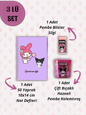 Ceylan Kırtasiye A6 Not Defteri + Çift Bıçaklı Hazneli Kalemtıraş + Blister Silgi Kırtasiye Seti ( 3 lü Set)