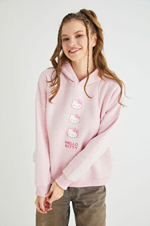 Lisanslı Baskılı Kapüşonlu Pembe Sweatshirt
