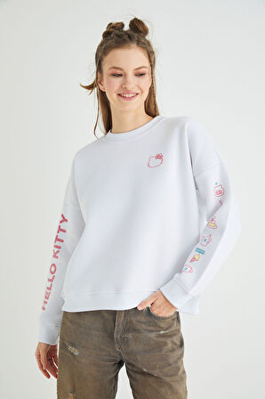 Lisanslı Baskılı Kalın Oversize Beyaz Sweatshirt