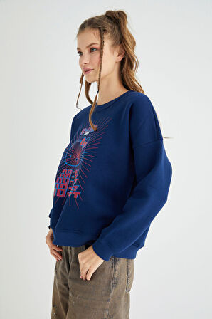 Lisanslı Baskılı Kalın Lacivert Sweatshirt