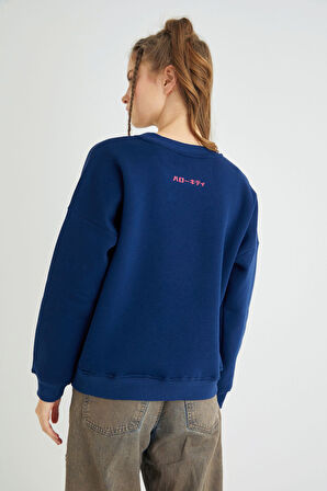 Lisanslı Baskılı Kalın Lacivert Sweatshirt