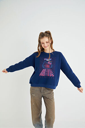 Lisanslı Baskılı Kalın Lacivert Sweatshirt