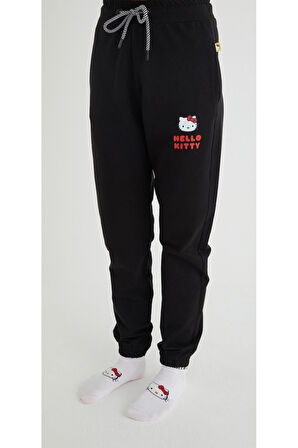 Lisanslı Baskılı Siyah Pamuk Likralı Eşofman Altı