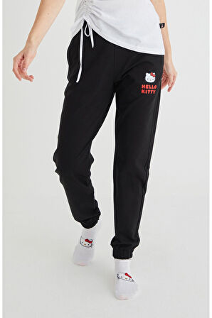 Lisanslı Baskılı Siyah Pamuk Likralı Eşofman Altı