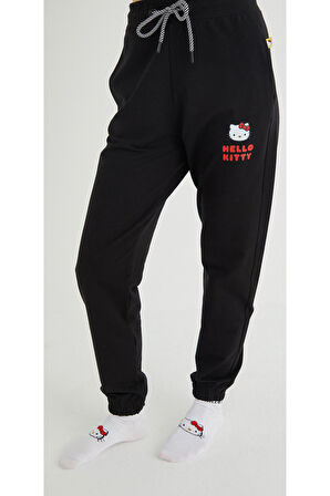 Lisanslı Baskılı Siyah Pamuk Likralı Eşofman Altı