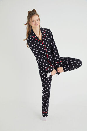 Lisanslı Düğmeli Uzun Kol Pijama Takım Roz-63