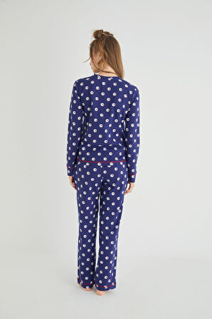 Lisanslı Uzun Kollu Lacivert Pamuklu Pijama Takımı