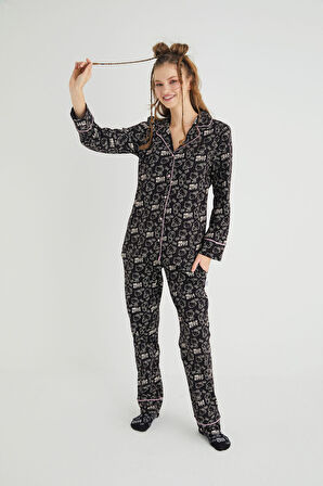 Lisanslı Düğmeli Uzun Kol Pijama Takım Roz-54